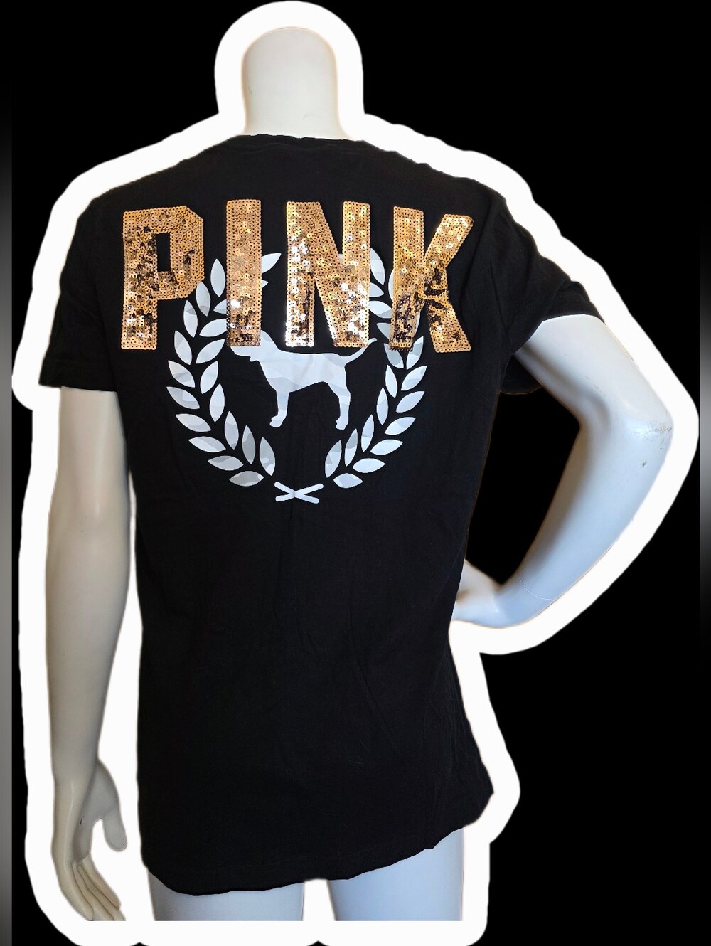 PINK Victoria's Secret Oversized Black Tee with Gold Sequin Logo